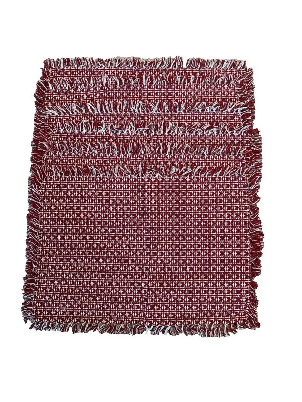6 Woven Cotton Placemats Cottage Farmhouse Country Fringed Red & White 21 X 15